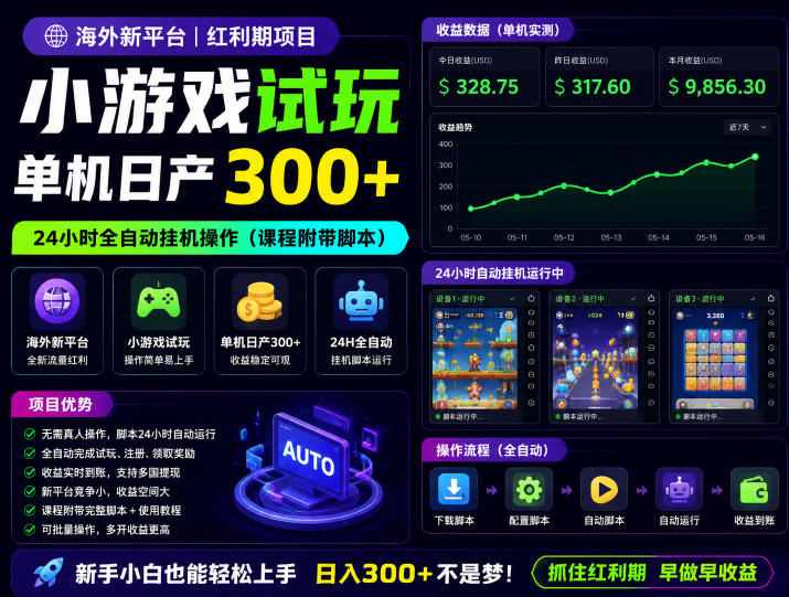 海外新平台,小游戏试玩,单机日产300+,24小时全自动挂G操作(课程附带脚本)【揭秘】-猴哥项目网