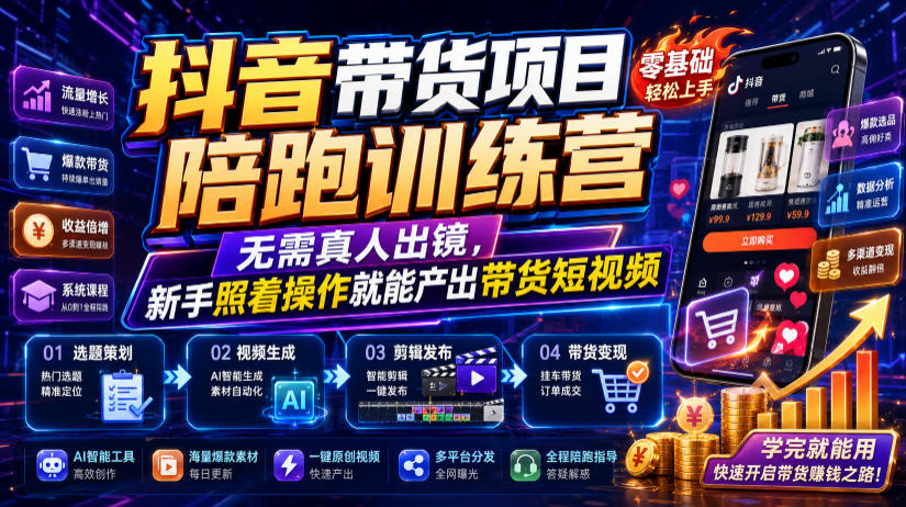 抖音带货陪跑:无需真人出镜,照着操作就能产出爆款短视频-猴哥项目网