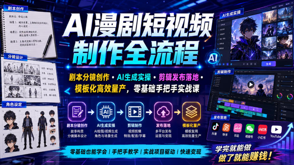 AI漫剧短视频全流程:剧本分镜×AI生成×模板化量产,零基础实战-猴哥项目网