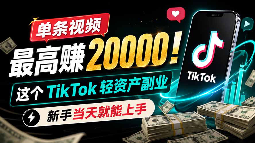 TikTok海外拉新:单条视频赚20000,轻资产副业当天上手-猴哥项目网