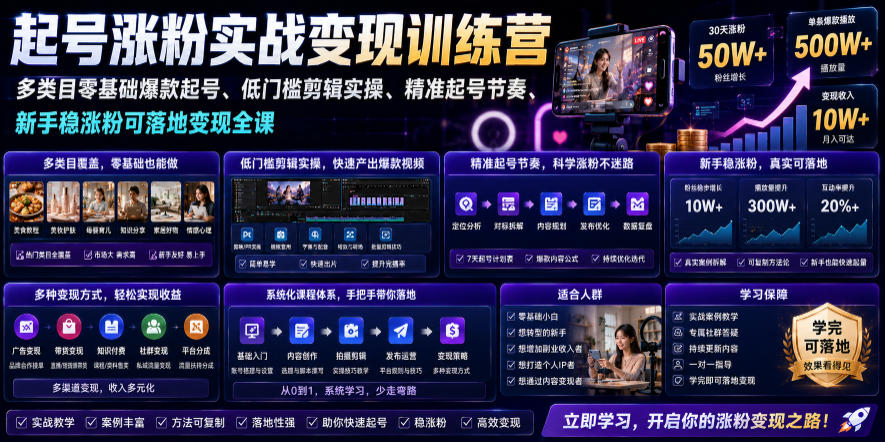 苗子起号涨粉变现:0基础无露脸,多类目爆款起号稳涨粉-猴哥项目网