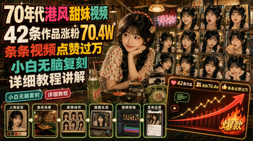AI复古港风甜妹:42条涨粉70W,条条点赞过万,小白无脑复刻-猴哥项目网