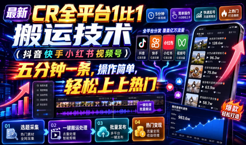 CR全平台1比1搬运:5分钟一条,过查重上热门,抖音快手小红书通用-猴哥项目网