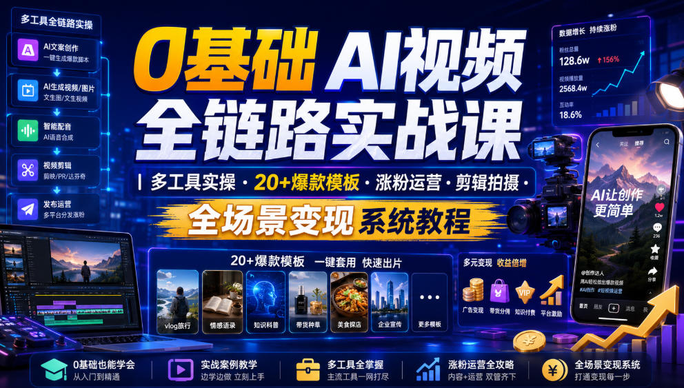 0基础AI视频全链路:多工具实操+20+爆款模板+全场景变现系统-猴哥项目网