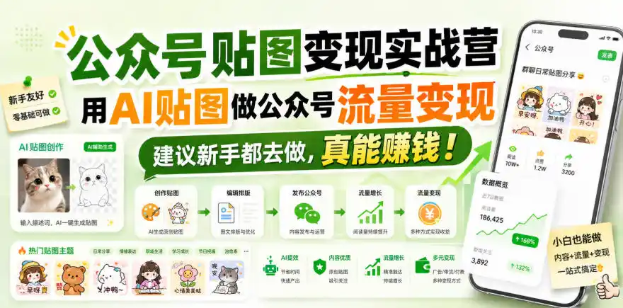公众号贴图变现实战营,用AI贴图做公众号流量变现,建议新手都去做,真能賺钱!-猴哥项目网