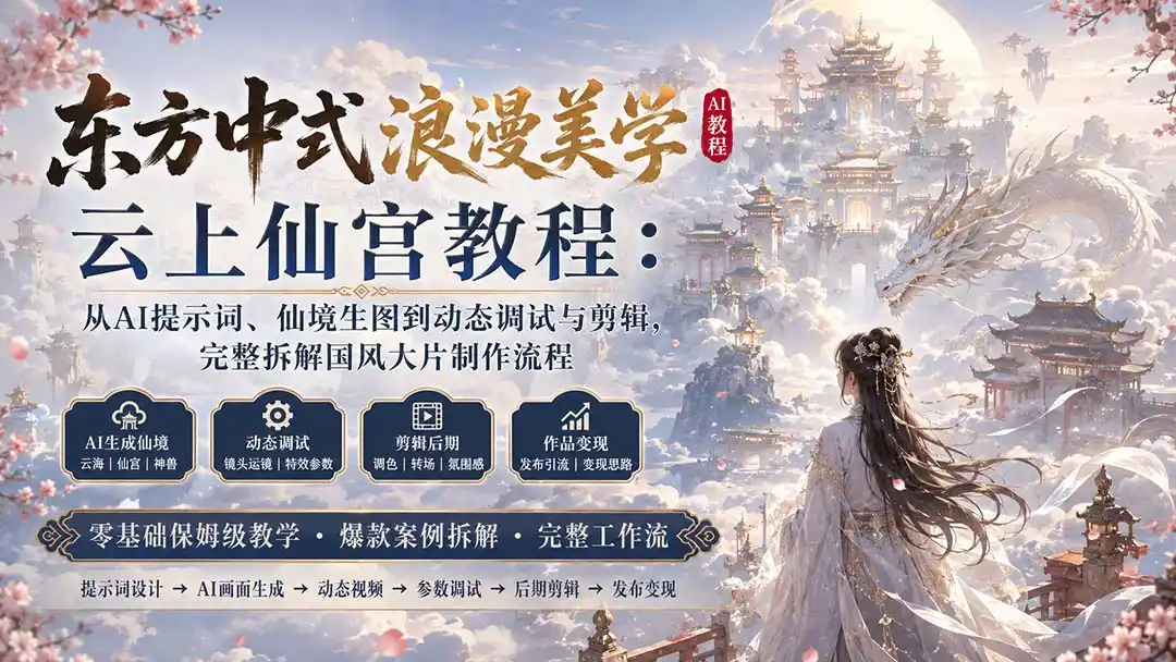 东方中式浪漫美学云上仙宫教程:从AI提示词、仙境生图到动态调试与剪辑,完整拆解国风大片制作流程-猴哥项目网