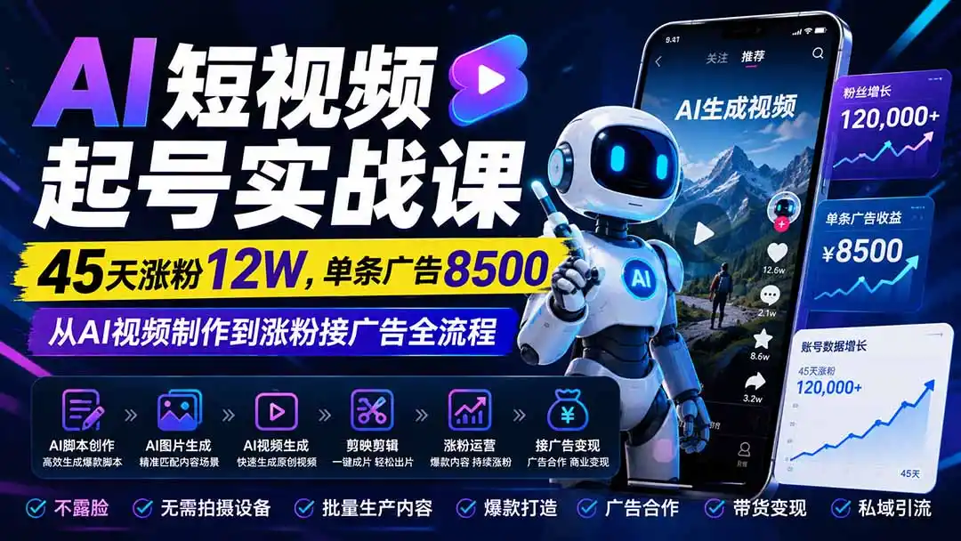 AI短视频起号实战课:45天涨粉12W,单条广告8500,从AI视频制作到涨粉接广告全流程-猴哥项目网