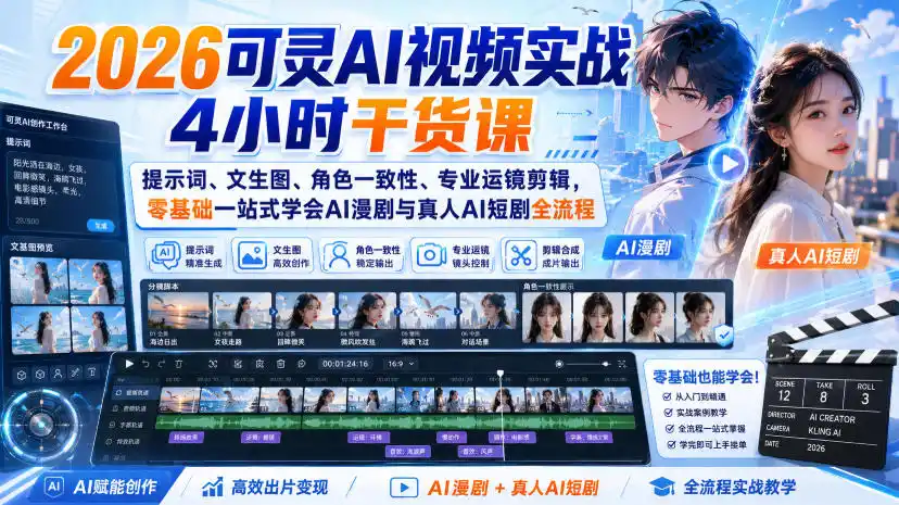 2026可灵AI视频实战4小时干货课|提示词、文生图、角色一致性、专业运镜剪辑,零基础一站式学会AI漫剧与真人AI短剧全流程-猴哥项目网