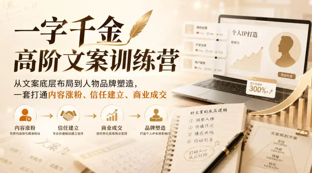 一字千金高阶文案训练营,从文案底层布局到人物品牌塑造,一套打通内容涨粉、信任建立、商业成交-猴哥项目网