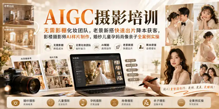 AIGC摄影培训｜无需影棚化妆团队，老景新搭快速出片降本获客，影楼摄影师AI样片制作，婚纱儿童孕妈肖像亲子全案例实操-猴哥项目网