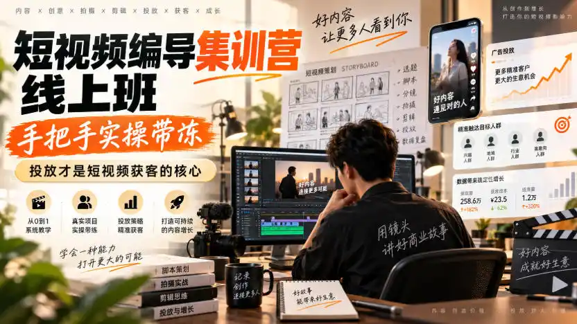 短视频编导集训营线上班，手把手实操带冻，投放才是短视频获客的核心