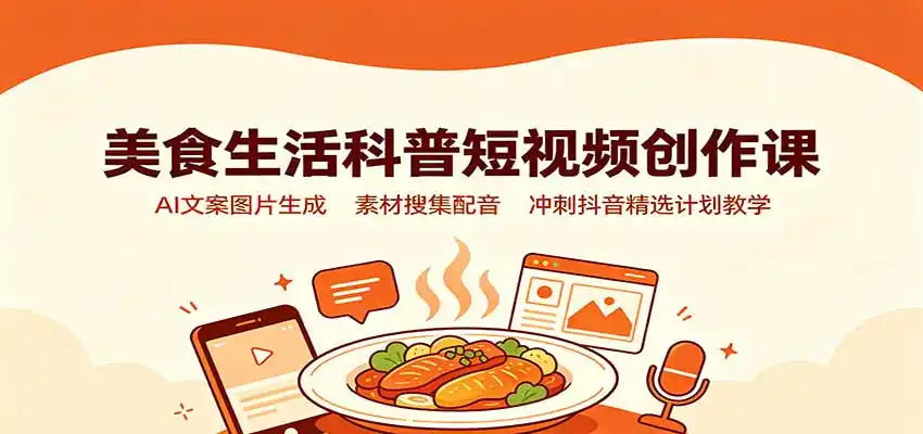 美食生活科普短视频创作课:AI文案图片生成,素材搜集配音,冲刺抖音精选计划教学-猴哥项目网