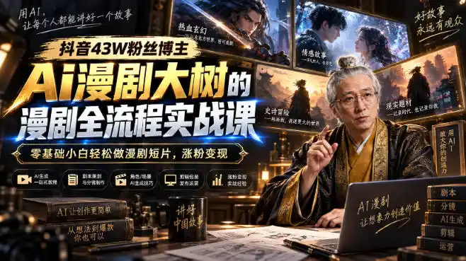 抖音43W粉丝博主Ai漫剧大树的漫剧制作全流程实战课,零基础小白轻松做漫剧短片,涨粉变现-猴哥项目网