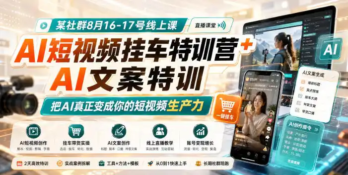 某社群8月16-17号线上课，AI短视频挂车特训营+AI文案特训，把AI真正变成你的短视频生产力-猴哥项目网