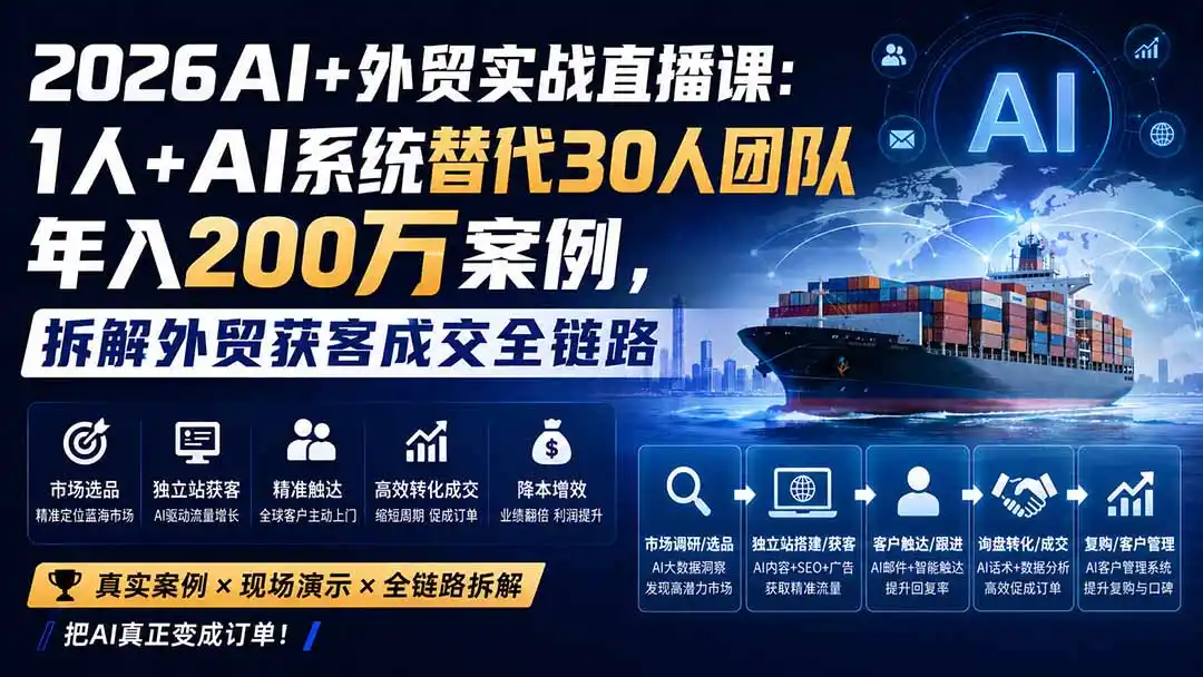 2026AI+外贸实战直播课:1人+AI系统替代30人团队年入200万案例,拆解外贸获客成交全链路-猴哥项目网