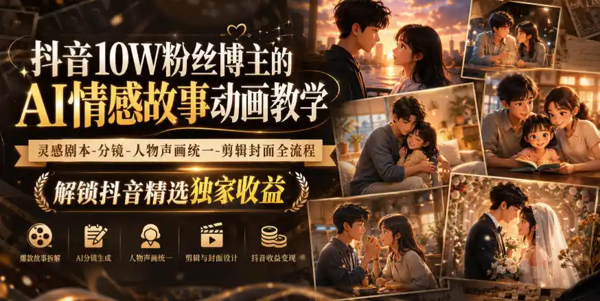 抖音10W粉丝博主的AI情感故事动画教学,灵感剧本‑分镜‑人物声画统一‑剪辑封面全流程,解锁抖音精选独家收益-猴哥项目网