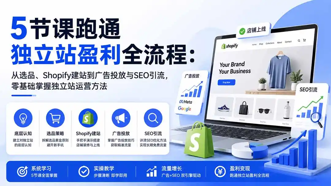 5节课跑通独立站盈利全流程：从选品、Shopify建站到广告投放与SEO引流，零基础掌握独立站运营方法-猴哥项目网