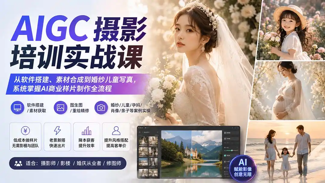 AIGC摄影培训实战课:从软件搭建、素材合成到婚纱儿童写真,系统掌握AI商业样片制作全流程-猴哥项目网