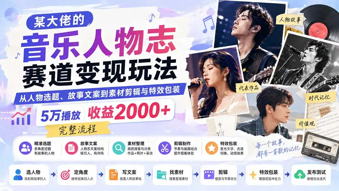 某大佬的音乐人物志赛道变现玩法:从人物选题、故事文案到素材剪辑与特效包装,5万播放收益2000+完整流程-猴哥项目网