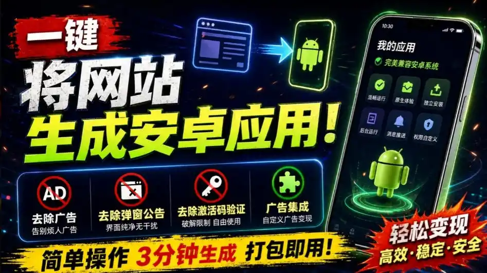 目前最好用,一键将网站生成安卓应用!支持去除广告、弹窗公告、激活码验证、广告集成等web-to-app-猴哥项目网