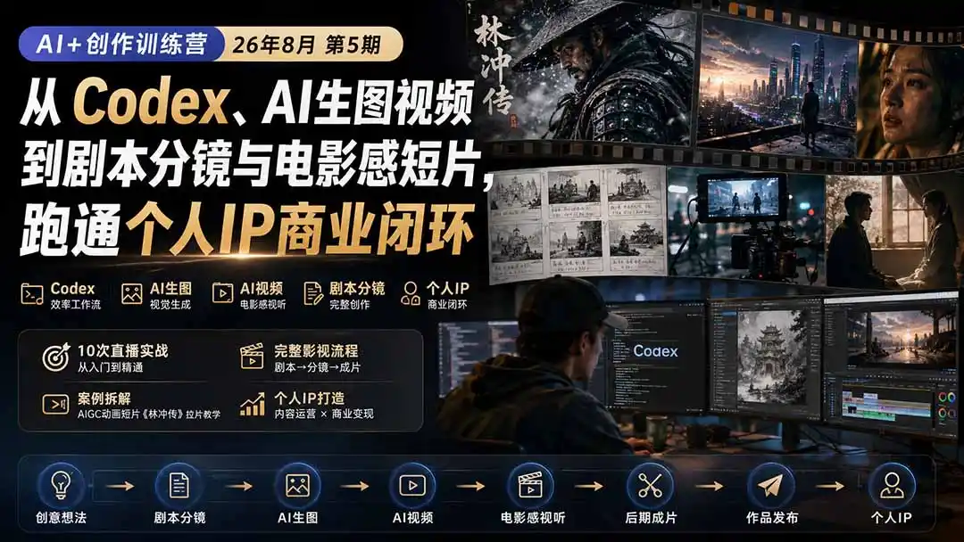 AI+创作训练营26年8月第5期:从Codex、AI生图视频到剧本分镜与电影感短片,跑通个人IP商业闭环-猴哥项目网