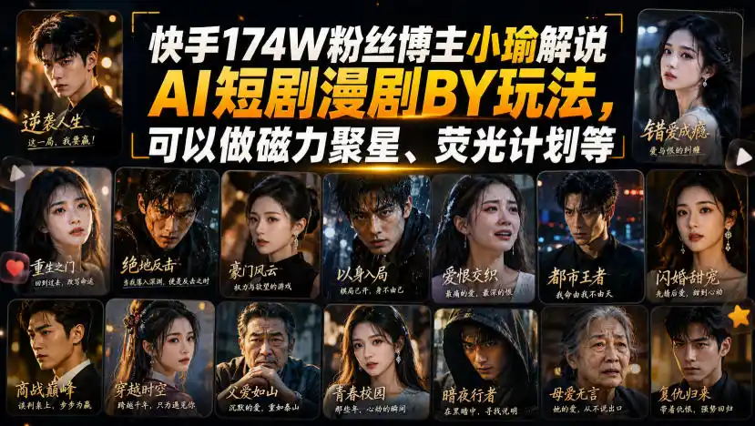 快手174W粉丝博主小瑜解说AI短剧漫剧搬运玩法,可以做磁力聚星、荧光计划等-猴哥项目网