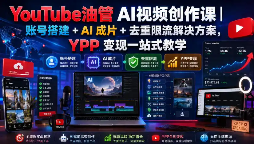 YouTube油管AI视频创作课|账号搭建+AI成片+去重限流解决方案,YPP变现一站式教学(更新0817)-猴哥项目网