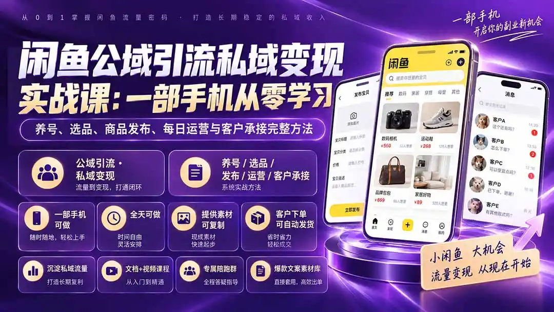 闲鱼公域引流私域变现实战课：一部手机从零学习养号、选品、商品发布、每日运营与客户承接完整方法-猴哥项目网