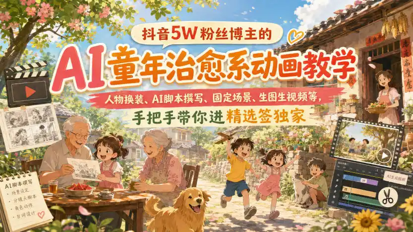 抖音5W粉丝博主的AI童年治愈系动画教学，人物换装、AI脚本撰写、固定场景、生图生视频等，手把手带你进精选签独家-猴哥项目网