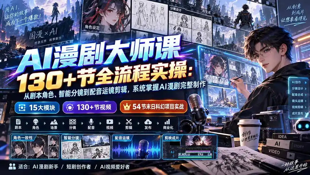AI漫剧大师课130+节全流程实操：从剧本角色、智能分镜到配音运镜剪辑，系统掌握AI漫剧完整制作-猴哥项目网