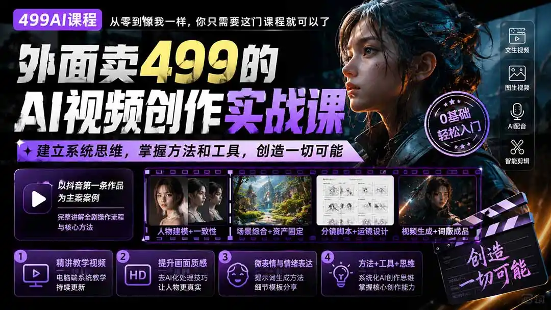 外面卖499的AI视频创作实战课:建立系统思维,掌握方法和工具,创造一切可能。-猴哥项目网