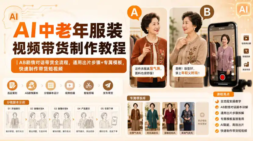 AI中老年服装视频带货制作教程|AB剧情对话带货全流程,通用出片步骤+专属模板,快速制作带货短视频-猴哥项目网