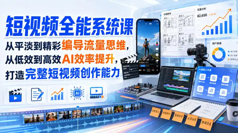 短视频全能系统课，从平淡到精彩编导流量思维，从低效到高效AI效率提升，打造完整短视频创作能力(2026年8月30更新233集)-猴哥项目网