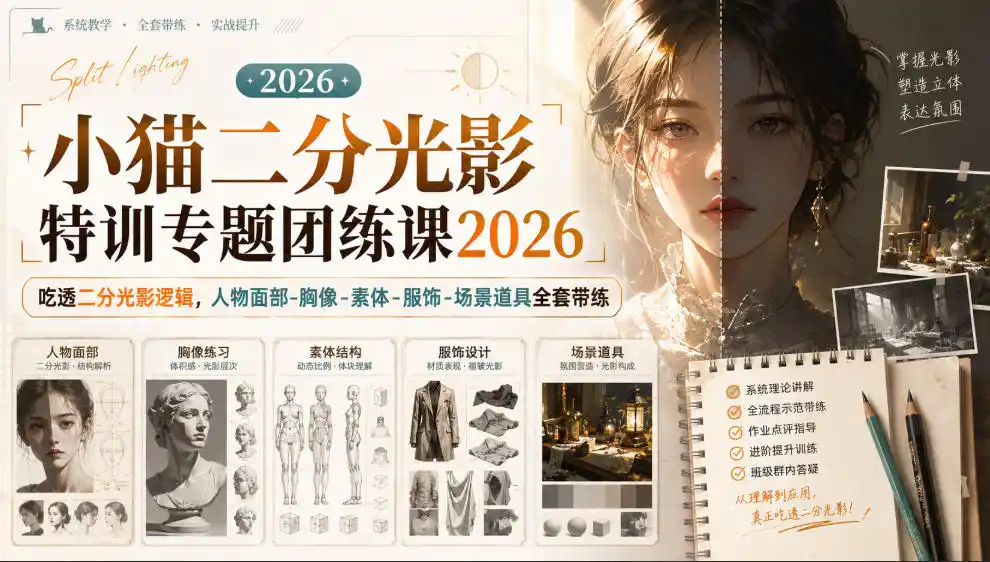小猫二分光影特训专题团练课2026|吃透二分光影逻辑,人物面部‑胸像‑素体‑服饰‑场景道具全套带练,高清画质附赠课件与笔刷-猴哥项目网