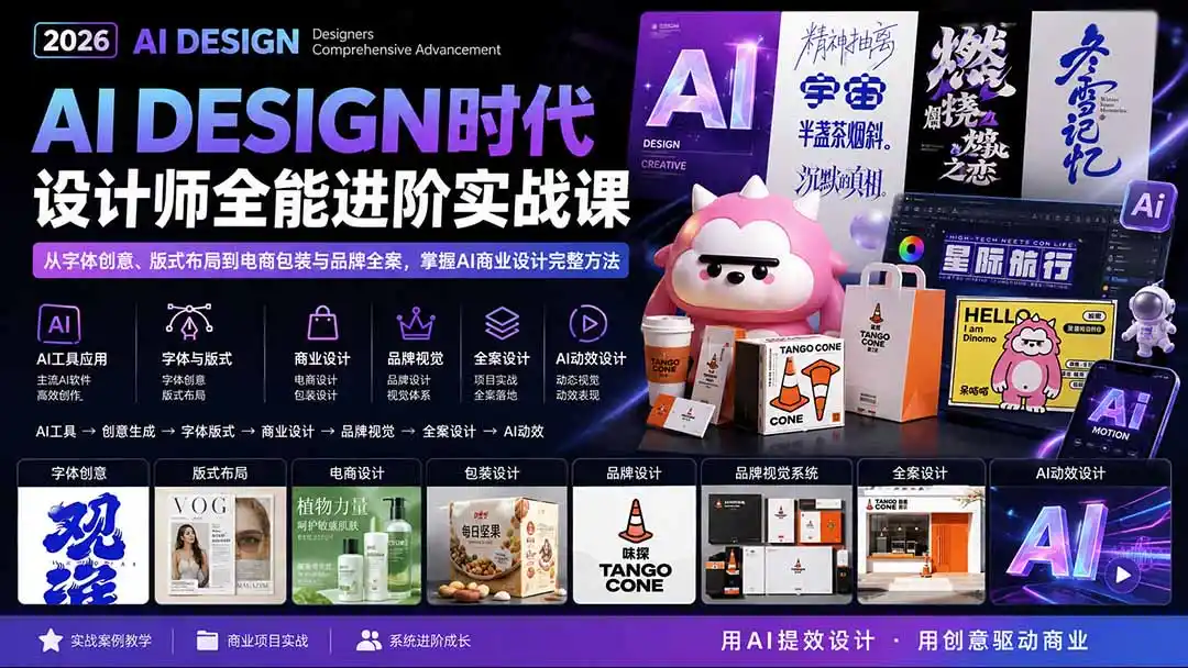 2026AI DESIGN时代设计师全能进阶实战课:从字体创意、版式布局到电商包装与品牌全案,掌握AI商业设计完整方法-猴哥项目网