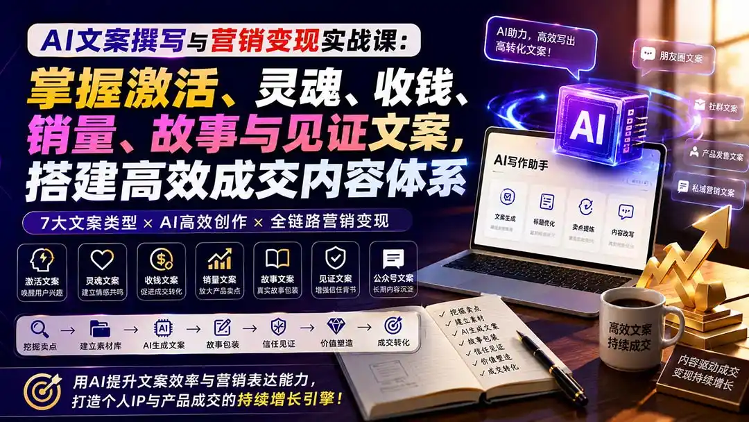 AI文案撰写与营销变现实战课:掌握激活、灵魂、收钱、销量、故事与见证文案,搭建高效成交内容体系-猴哥项目网