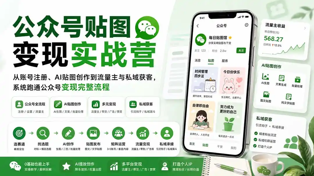 公众号贴图变现实战营:从账号注册、AI贴图创作到流量主与私域获客,系统跑通公众号变现完整流程-猴哥项目网