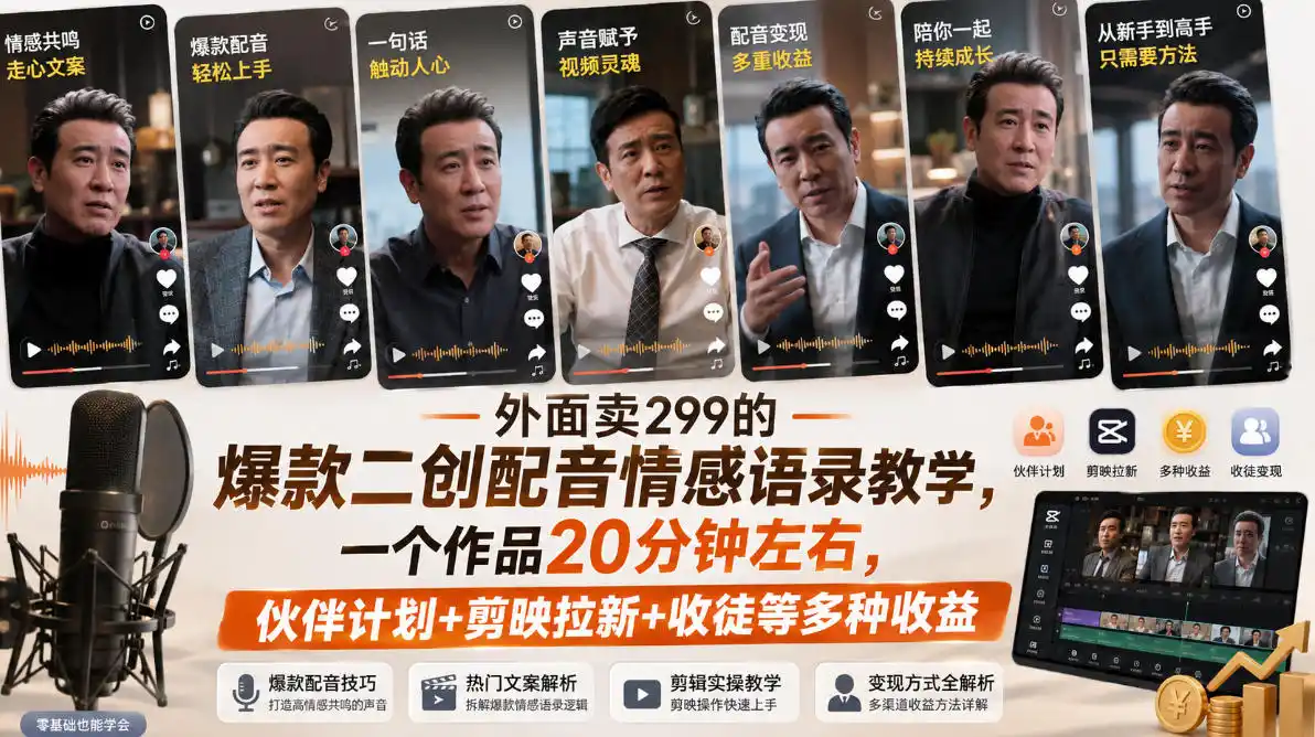 外面卖299的爆款二创配音情感语录教学,一个作品20分钟左右,伙伴计划+剪映拉新+收徒等多种收益-猴哥项目网