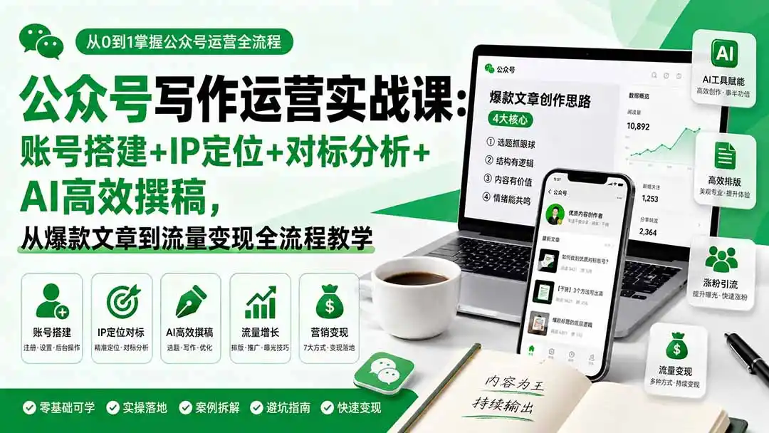 公众号写作运营实战课:账号搭建+IP定位+对标分析+AI高效撰稿,从爆款文章到流量变现全流程教学-猴哥项目网
