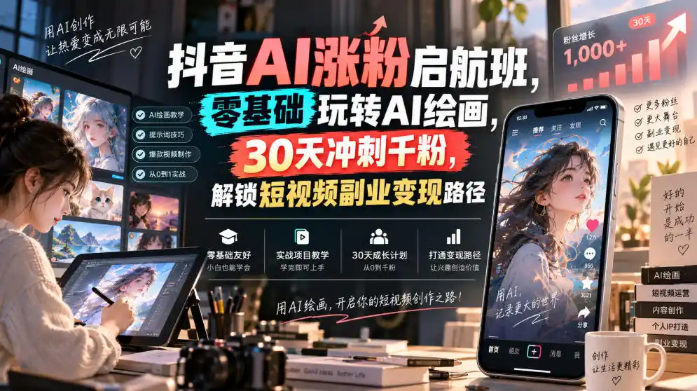 抖音AI涨粉启航班,零基础玩转AI绘画,30天冲刺千粉,解锁短视频副业变现路径