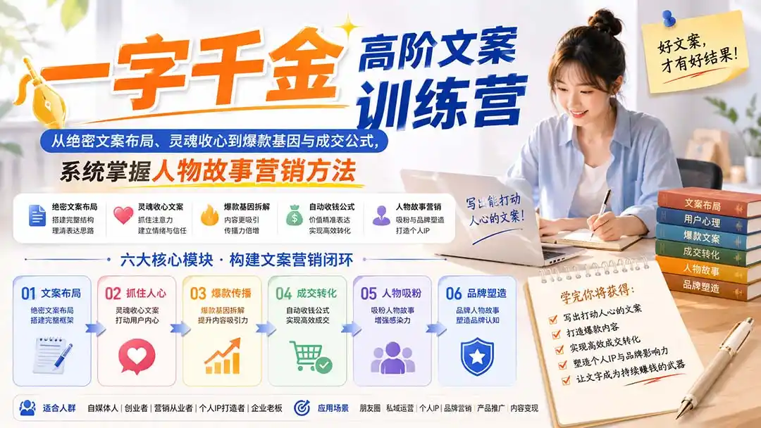 一字千金高阶文案训练营:从绝密文案布局、灵魂收心到爆款基因与成交公式,系统掌握人物故事营销方法-猴哥项目网