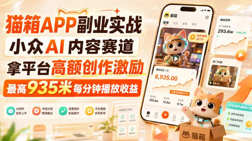 猫箱APP副业实战,小众AI内容赛道,拿平台高额创作激励,最高935米每分钟播放收益-猴哥项目网