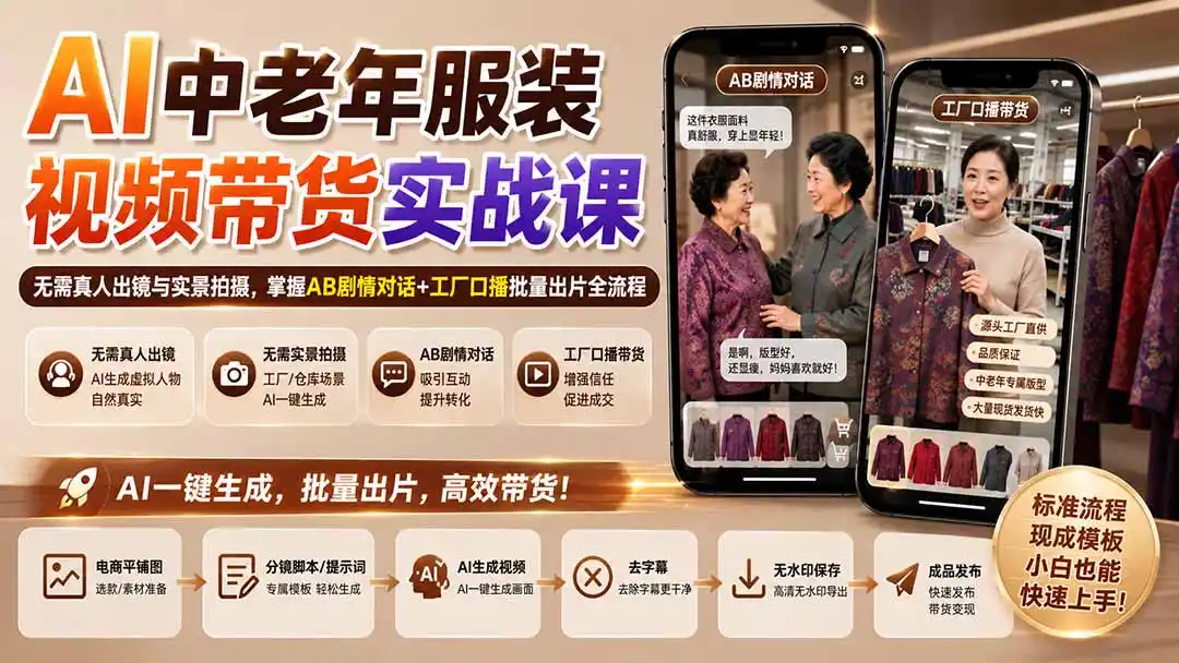 AI中老年服装视频带货实战课:无需真人出镜与实景拍摄,掌握AB剧情对话+工厂口播批量出片全流程-猴哥项目网
