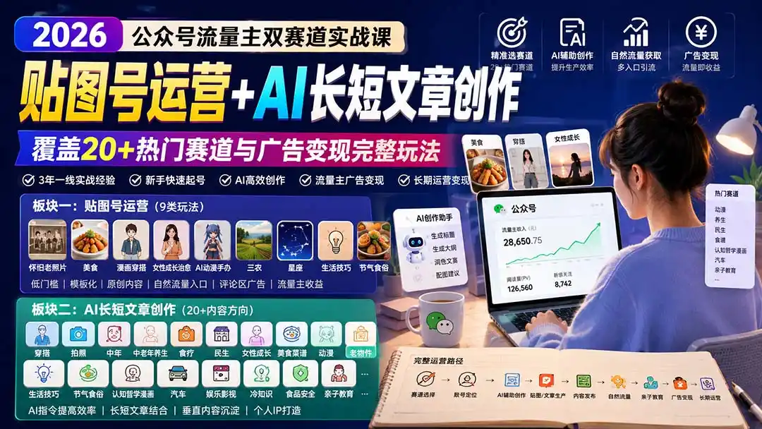 公众号流量主双赛道实战课:贴图号运营+AI长短文章创作,覆盖20+热门赛道与广告变现完整玩法-猴哥项目网