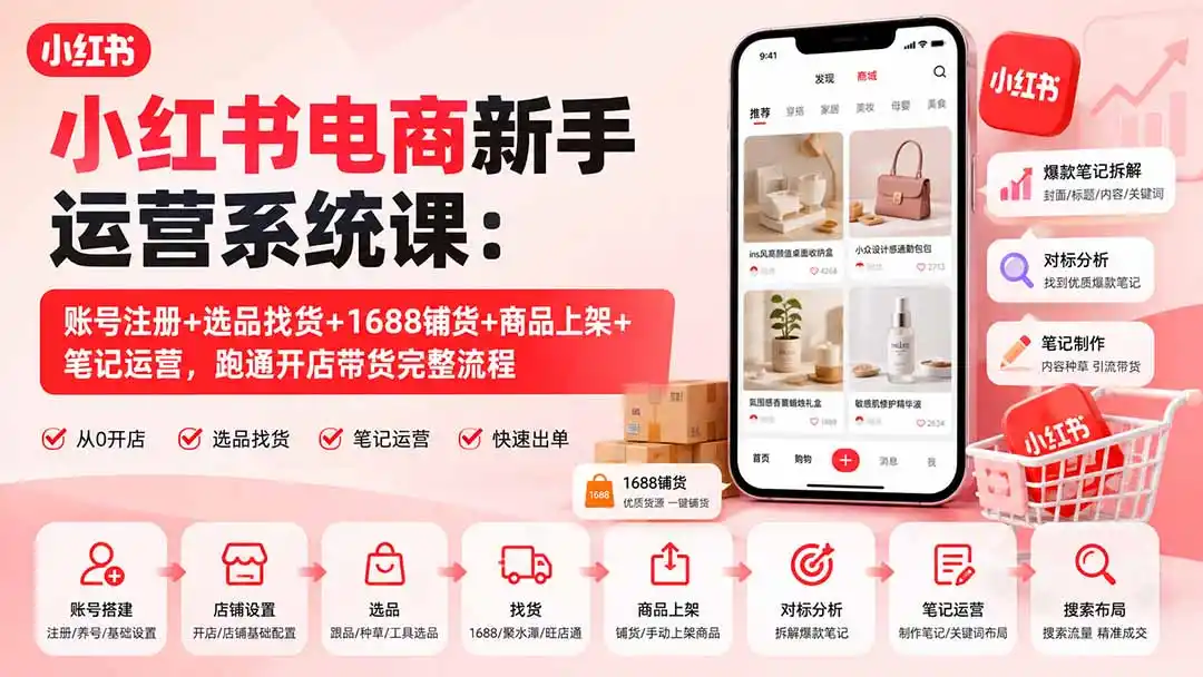 小红书电商新手运营系统课:账号注册+选品找货+1688铺货+商品上架+笔记运营,跑通开店带货完整流程-猴哥项目网