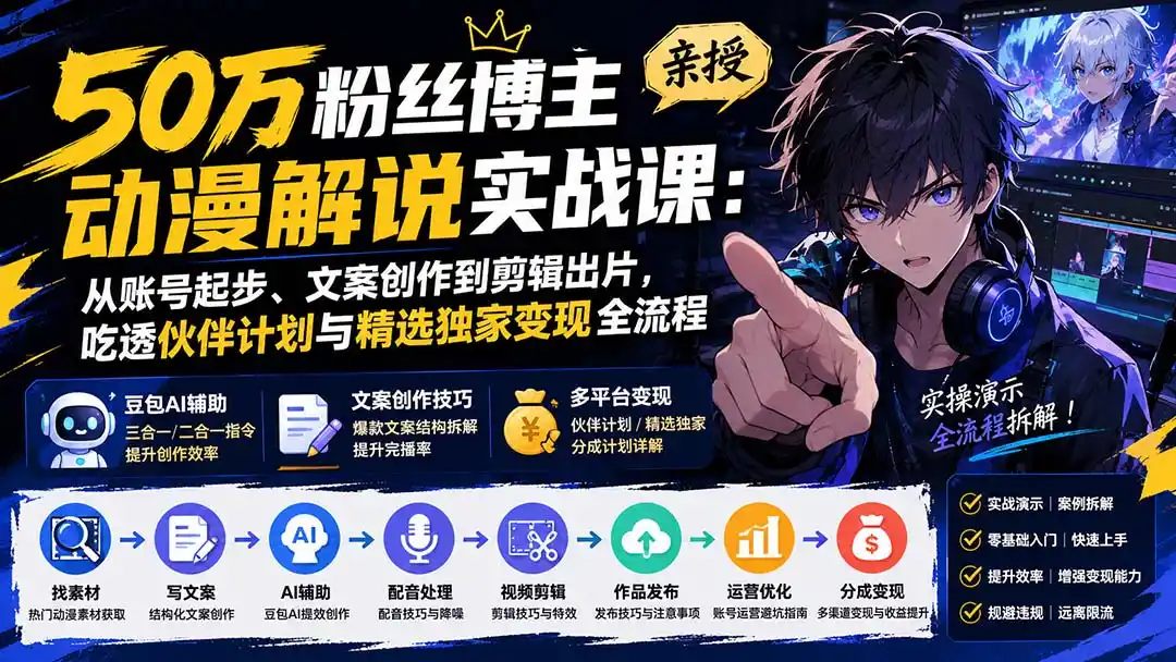 50万粉丝博主亲授动漫解说实战课:从账号起步、文案创作到剪辑出片,吃透伙伴计划与精选独家变现全流程-猴哥项目网