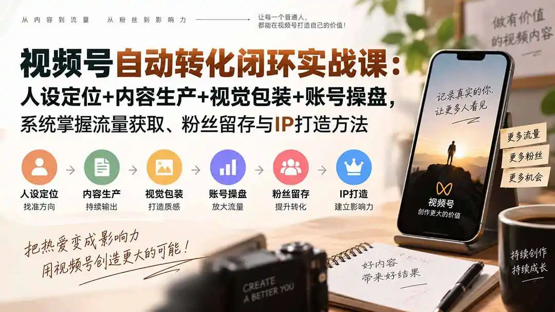 视频号自动转化闭环实战课：人设定位+内容生产+视觉包装+账号操盘，系统掌握流量获取、粉丝留存与IP打造方法-猴哥项目网