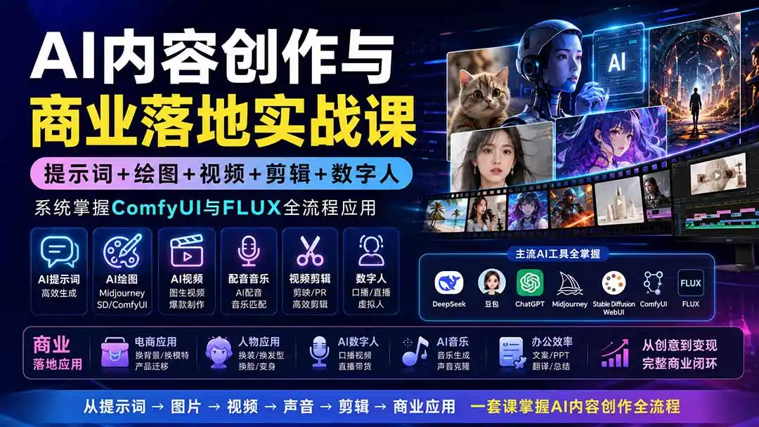 AI内容创作与商业落地实战课:提示词+绘图+视频+剪辑+数字人,系统掌握ComfyUI与FLUX全流程应用-猴哥项目网