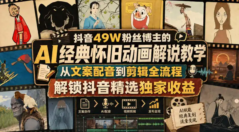 抖音49W粉丝博主的AI经典怀旧动画解说教学,从文案配音到剪辑全流程,解锁抖音精选独家收益-猴哥项目网