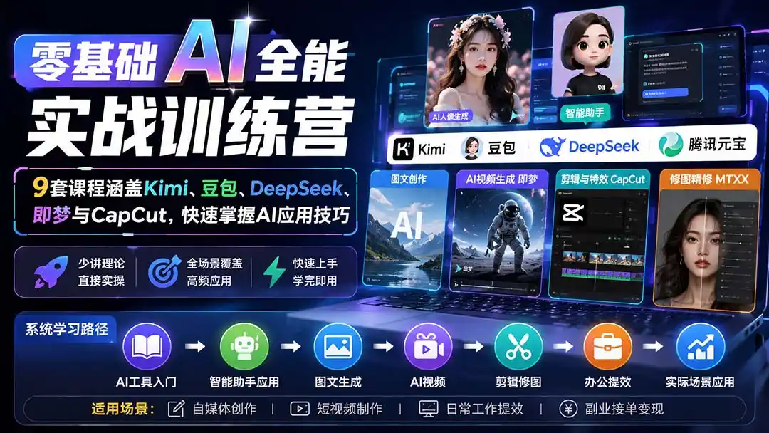 零基础AI全能实战训练营:9套课程涵盖Kimi、豆包、DeepSeek、即梦与CapCut,快速掌握AI应用技巧-猴哥项目网